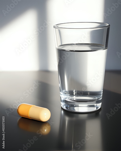 Glass of water and pills on the table. 3D illustration. photo