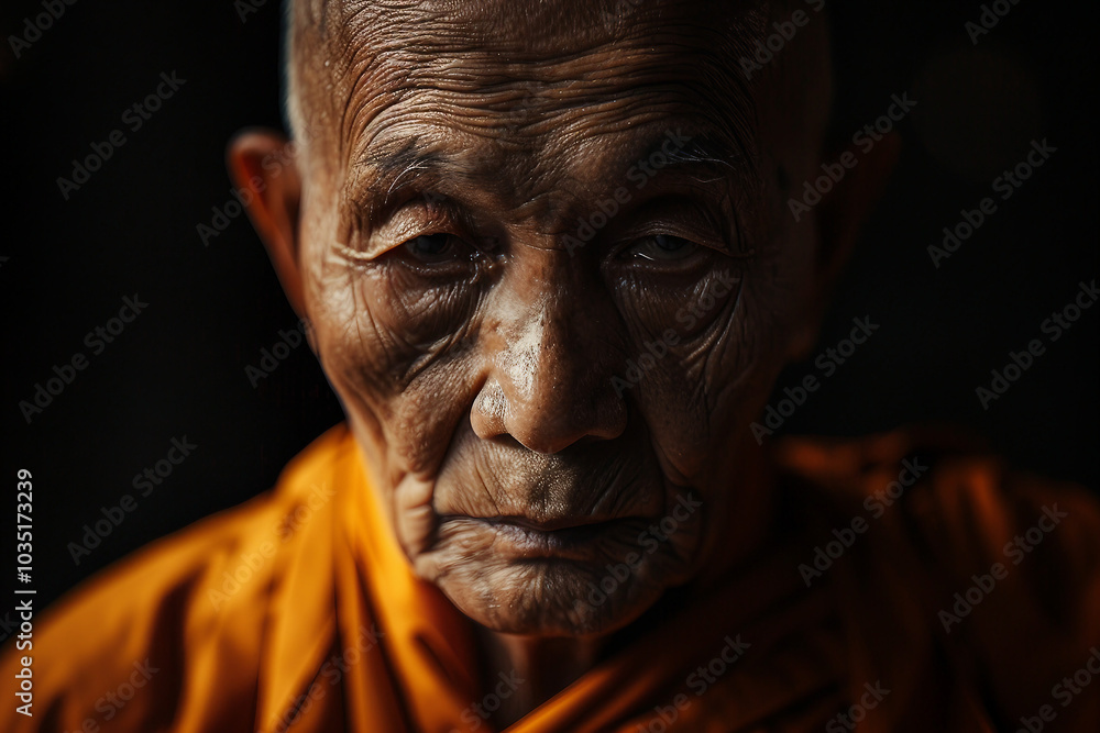 Generative AI image of buddhist monk meditating alone Generative AI image of buddhist monk meditating alone