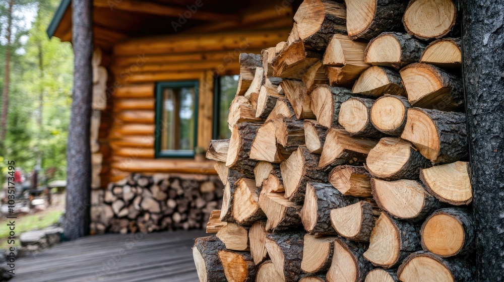 Stacked Firewood by Cozy Cabin in Natural Setting Stacked Firewood by Cozy Cabin in Natural Setting