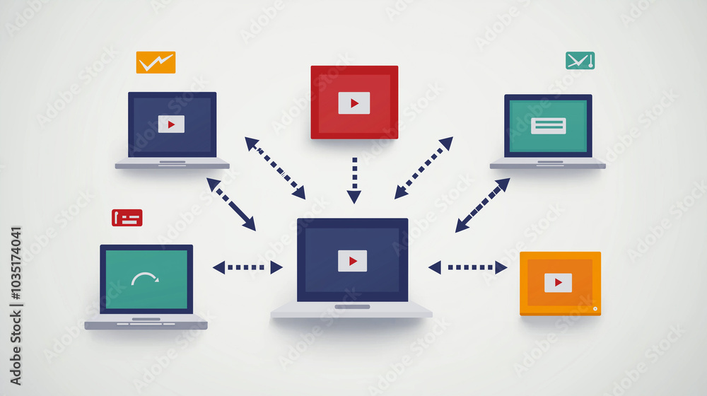 Laptop Network with Video Play Buttons Laptop Network with Video Play Buttons