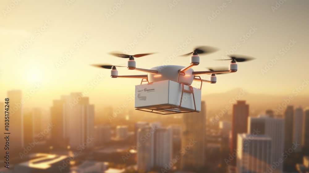 A futuristic delivery drone hovers over a bustling cityscape at sunset, symbolizing innovation and the future of urban logistics. A futuristic delivery drone hovers over a bustling cityscape at sunset, symbolizing innovation and the future of urban logistics.