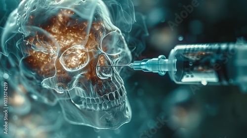 A syringe is poised to inject a luminous substance into a translucent skull, surrounded by swirling smoke, capturing the contrast between vitality and mortality