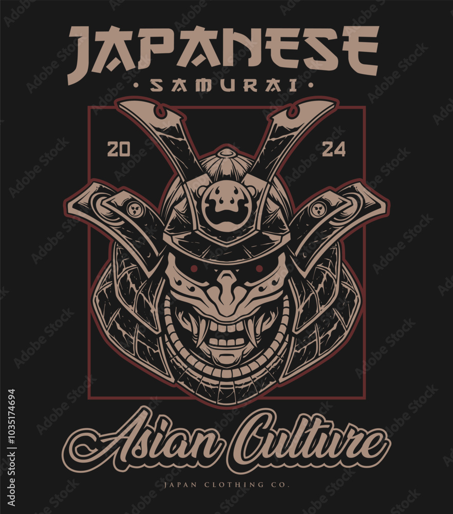 Obraz premium Vintage clothing design with Japanese samurai mask theme in black background