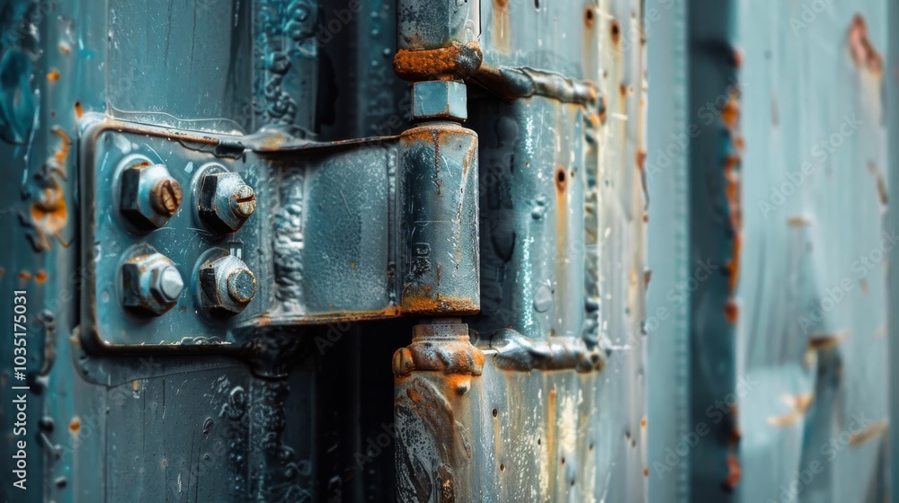 © aubriella - A close-up of a shipping container's corner fittings and bolts, with signs of wear and tear, Port setting with rugged features © aubriella - A close-up of a shipping container's corner fittings and bolts, with signs of wear and tear, Port setting with rugged features