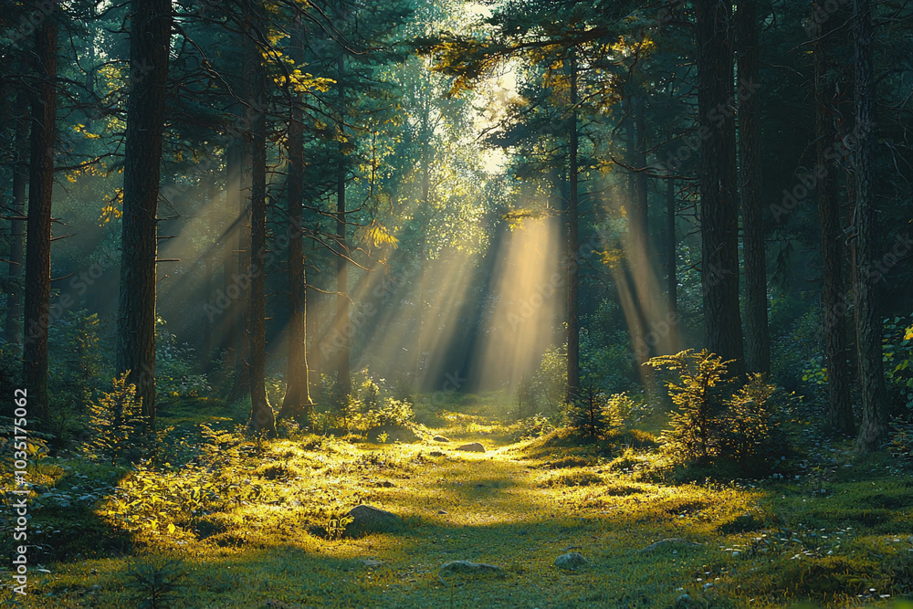Obraz premium Sunlight streaming through trees in a tranquil forest at dawn