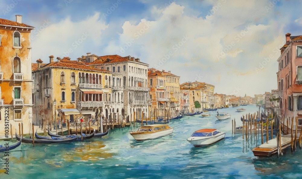 Obraz premium Watercolor Beautiful view of the Grand Canal with boats and colorful facades of old medieval houses from the Rialto Bridge in Venice, Italy. Venice is a popular