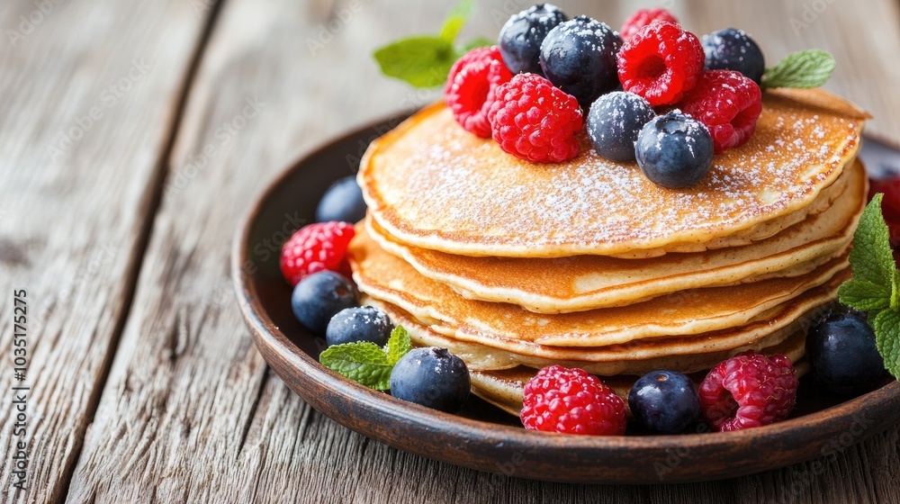 Delicious Pancakes with Berries and Mint Garnish Delicious Pancakes with Berries and Mint Garnish