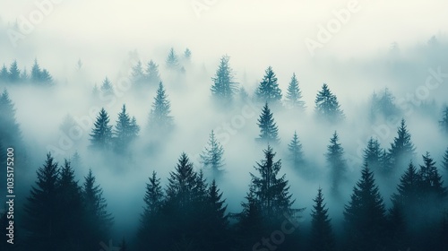 Misty Forest Landscape with Tall Trees and Fog