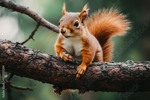 Squirrel perched on a branch with vibrant fur in a forest setting photo