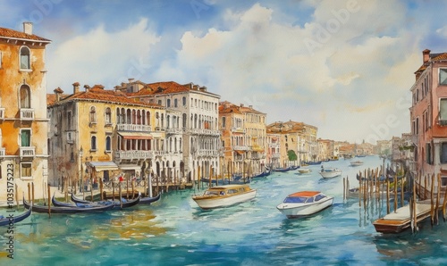 Watercolor Beautiful view of the Grand Canal with boats and colorful facades of old medieval houses from the Rialto Bridge in Venice, Italy. Venice is a popular