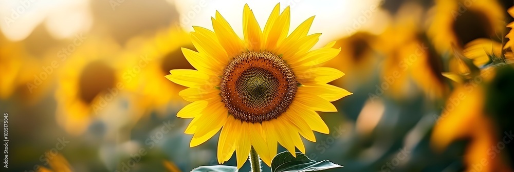 Fototapeta premium A vast picturesque sunflower field stretching out as far as the eye can see with bright yellow flowers swaying gracefully in the warm summer breeze