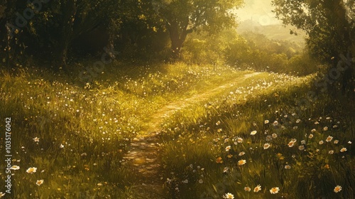 Serene Pathway Through a Flower-filled Meadow