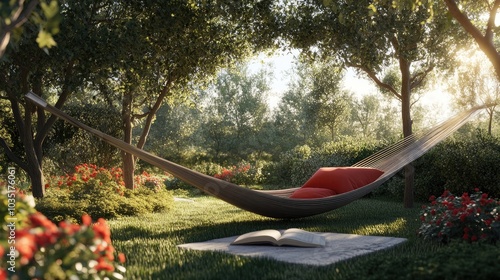 Tranquil Outdoor Hammock in Serene Garden Setting photo