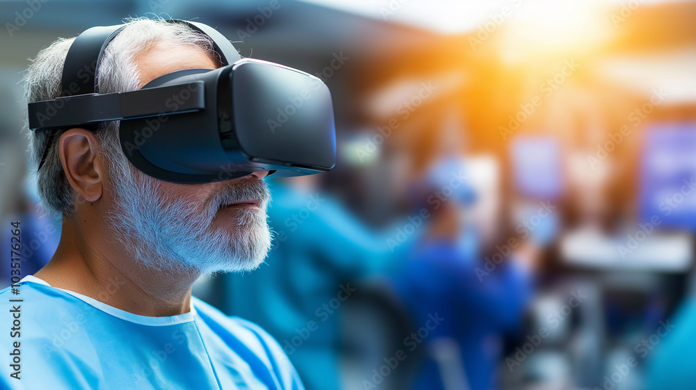 Senior Man Wearing Virtual Reality Headset in Medical Setting Senior Man Wearing Virtual Reality Headset in Medical Setting