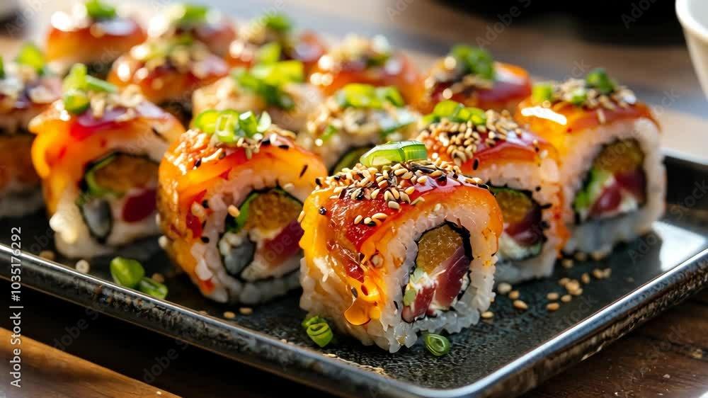 A plate of sushi rolls topped with sesame seeds and green onions, ready to be enjoyed