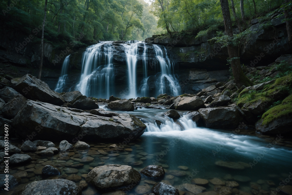 Waterfall in the middle of the forest with rocks