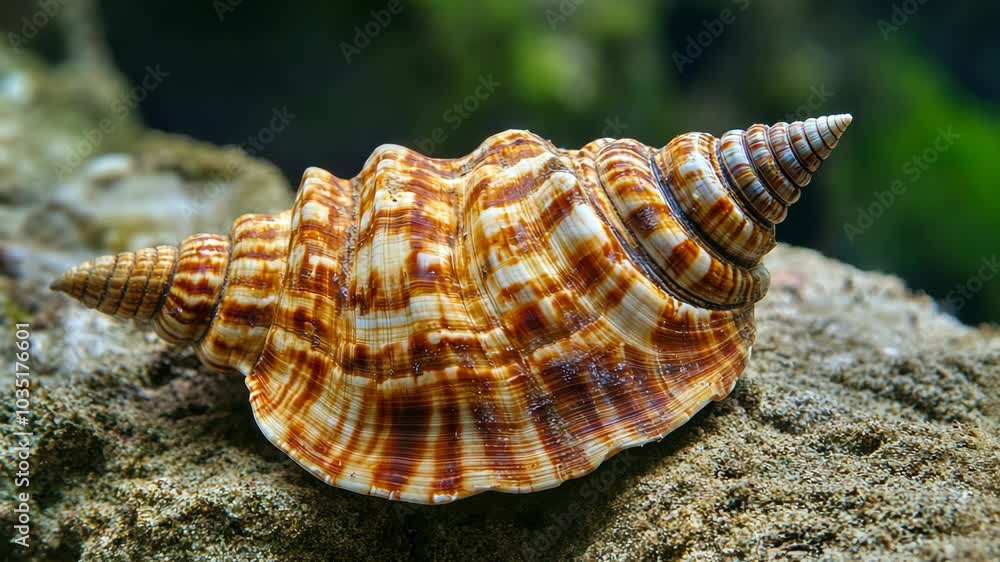 A brown and white seashell rests on a rock with a blurry green background A brown and white seashell rests on a rock with a blurry green background