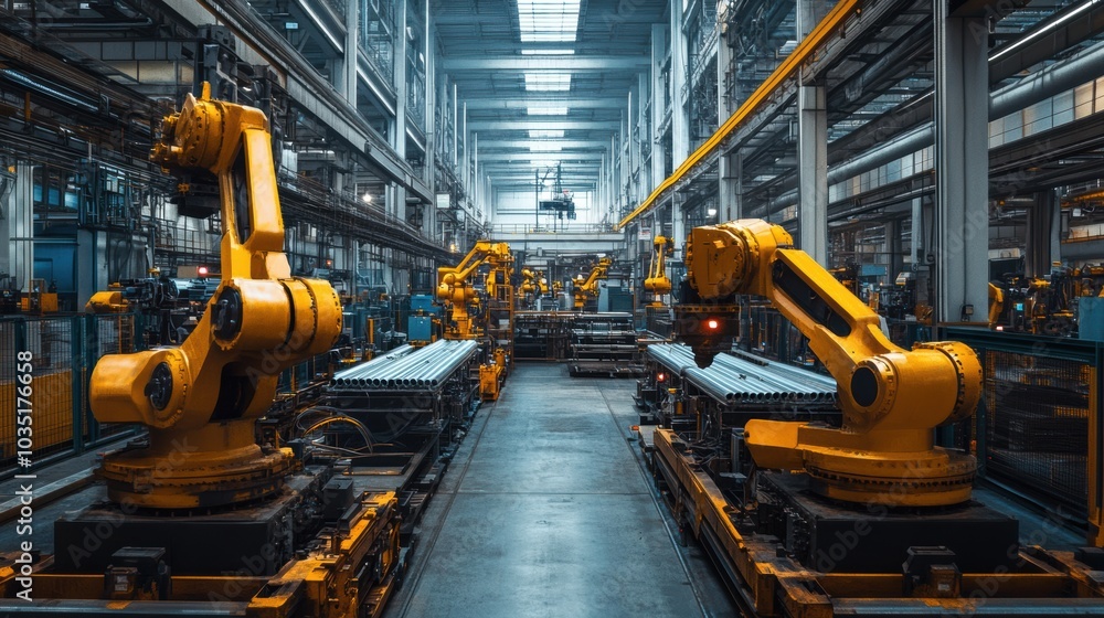 A row of robotic arms operating in an advanced automated industrial factory, performing precise tasks in a high-tech manufacturing facility with efficient production lines.
A row of robotic arms operating in an advanced automated industrial factory, performing precise tasks in a high-tech manufacturing facility with efficient production lines.