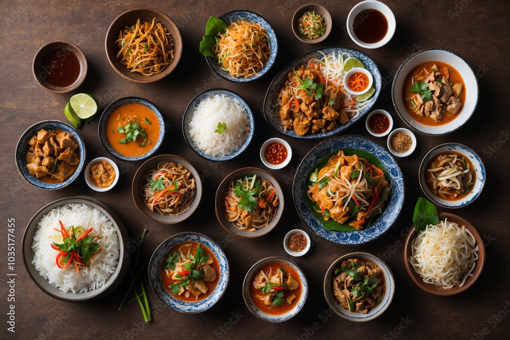 Flat lay various kinds of Thai dishes on the table Flat lay various kinds of Thai dishes on the table