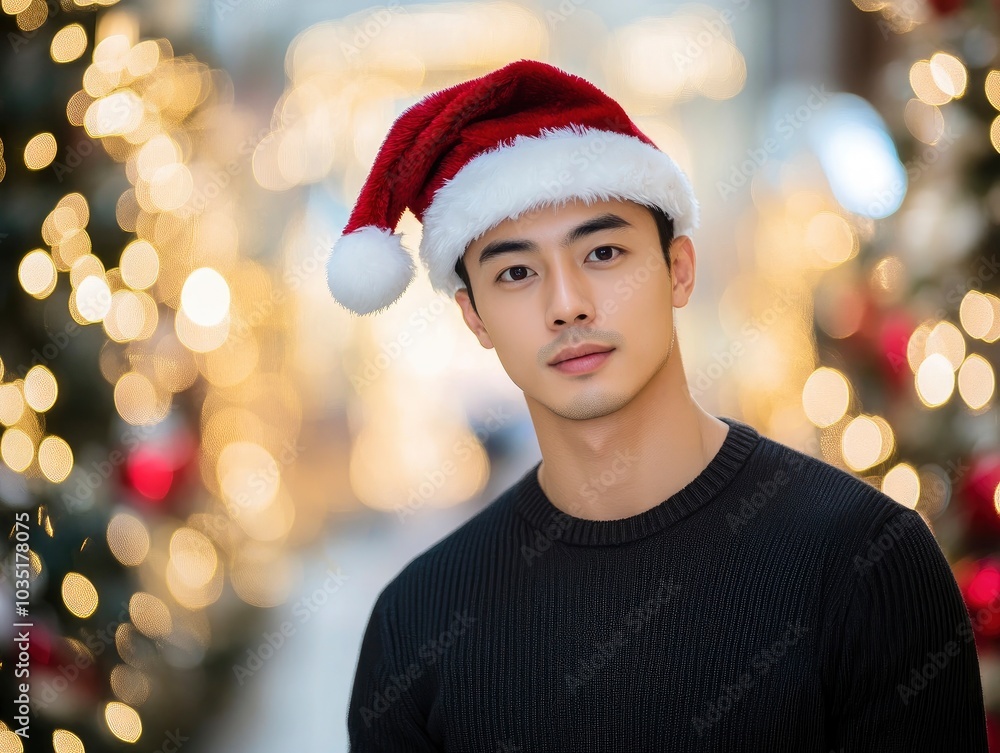 Attractive asian male model wear santa hat, festive atmosphere Attractive asian male model wear santa hat, festive atmosphere