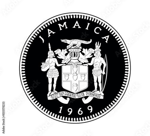 1 cent 1969, Jamaica. The obverse of the 1969 Jamaican coin features the Jamaican coat of arms. The coin is depicted in black and white. Vector illustration.