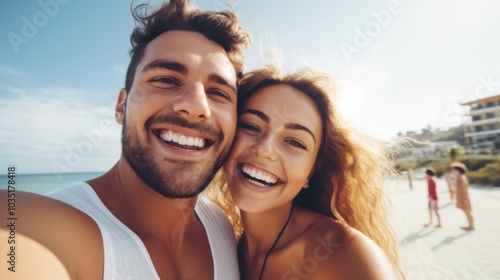 A young couple takes a joyful selfie on a sunlit beach, capturing their vibrant happiness and seaside adventure.