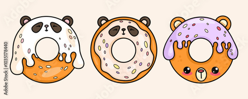 Cute donuts cartoon kawaii character collection. Funny animal bear and panda with drops icing. isolated sweet food. Vector illustration. Kids collection