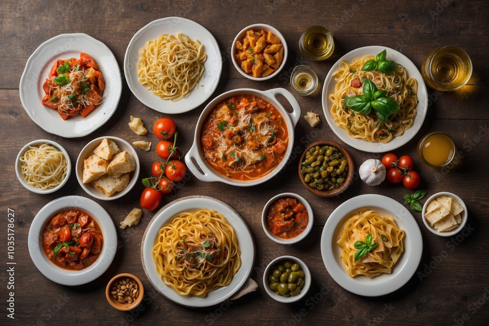 Flat lay various kinds of Italian dishes on the table Flat lay various kinds of Italian dishes on the table
