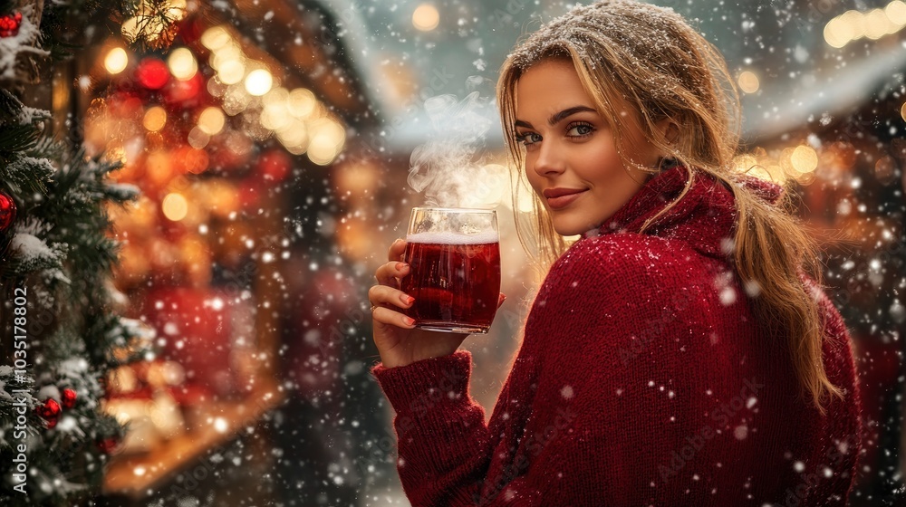 Attractive female model with a glass steaming with hot mulled wine, open air Christmas store Attractive female model with a glass steaming with hot mulled wine, open air Christmas store