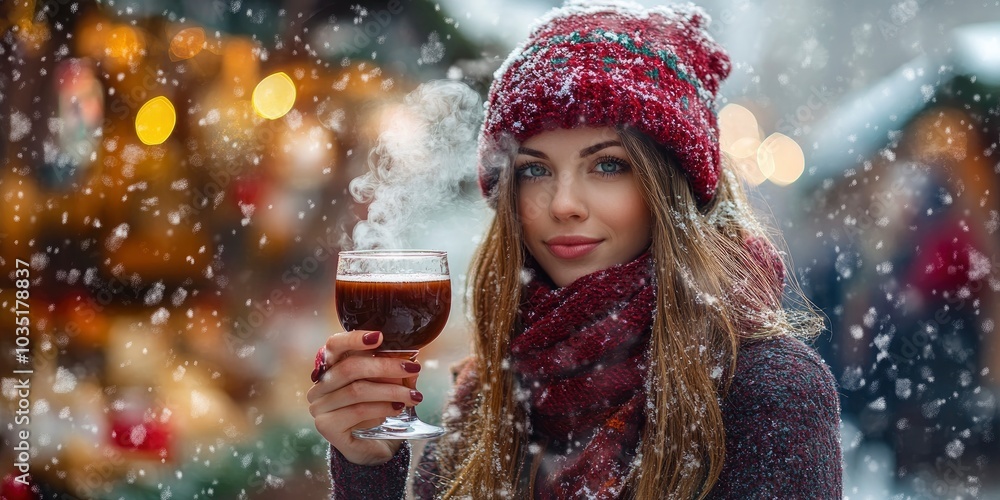 Attractive female model with a glass steaming with hot mulled wine, open air Christmas store Attractive female model with a glass steaming with hot mulled wine, open air Christmas store