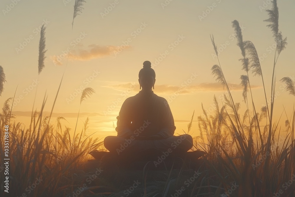 Meditating figure at sunset on a hilltop surrounded by golden grass and open skies symbolizing inner peace balance and the beauty of serene contemplation Meditating figure at sunset on a hilltop surrounded by golden grass and open skies symbolizing inner peace balance and the beauty of serene contemplation