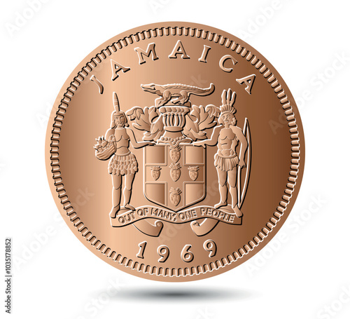 1 cent 1969, Jamaica. The obverse of the 1969 Jamaican coin features the Jamaican coat of arms. The coat of arms includes a crocodile atop a log at the top. 