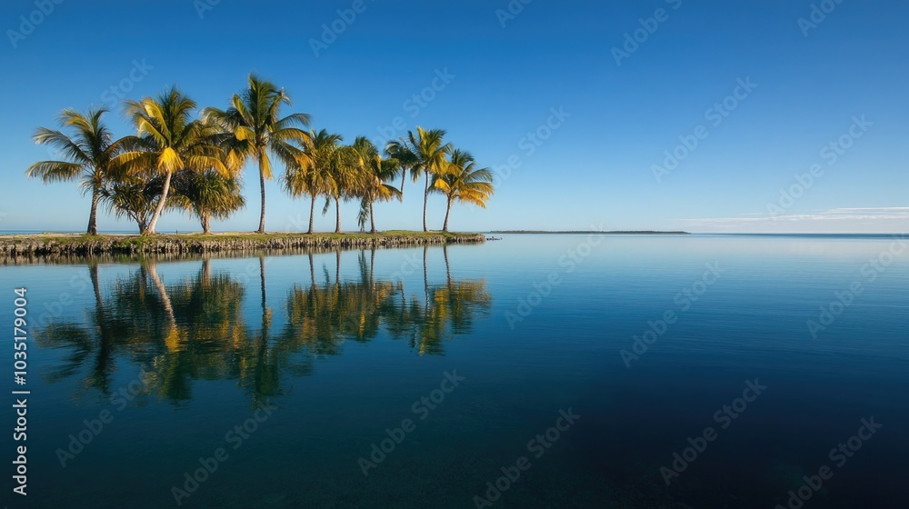 Serene Tropical Coastline with Palm Trees and Reflections Serene Tropical Coastline with Palm Trees and Reflections