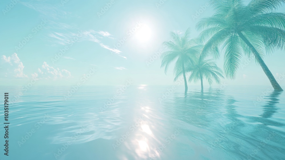 Obraz premium Tranquil Tropical Ocean with Palm Trees Under Sunlight