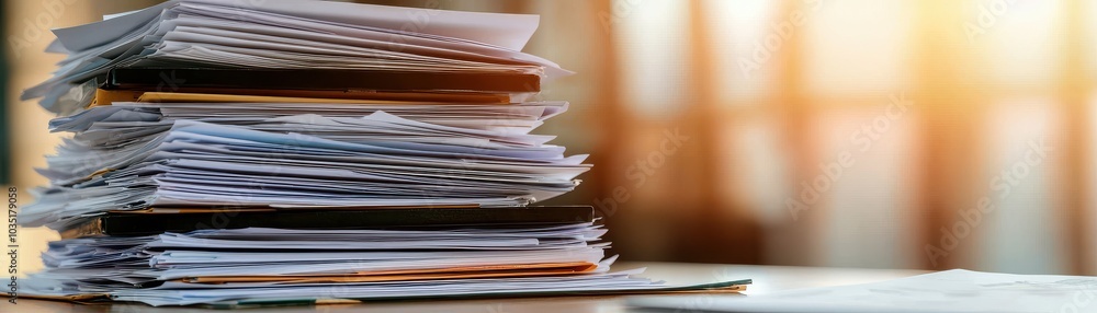 A stack of various documents rests on a table with soft sunlight illuminating the scene, suggesting productivity and office organization. A stack of various documents rests on a table with soft sunlight illuminating the scene, suggesting productivity and office organization.