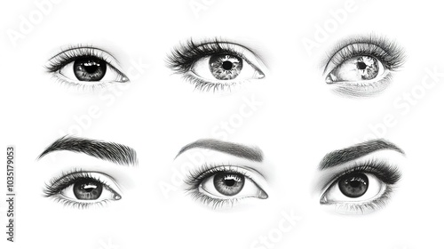 Collage of Eye Contours with Various Symbologies on White Background