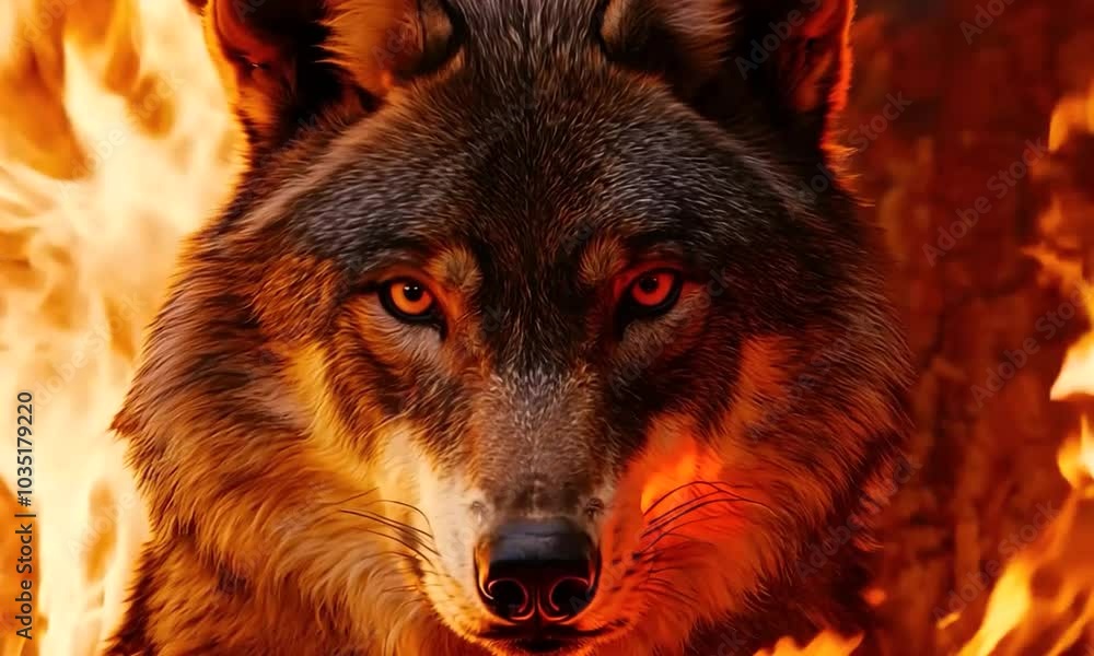 Wolf with glowing eyes surrounded by fire Wolf with glowing eyes surrounded by fire