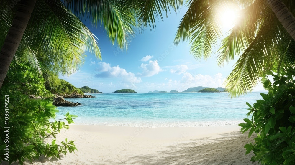 Fototapeta premium Serene Tropical Beach with Blue Sky and Palm Trees