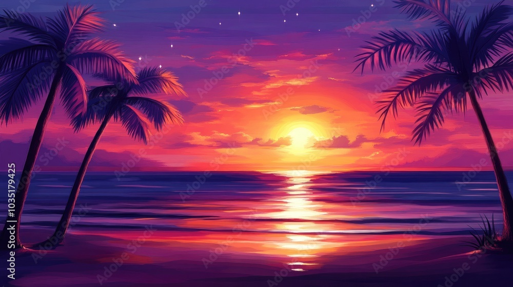 Fototapeta premium Vibrant Sunset Over Calm Ocean with Palm Trees