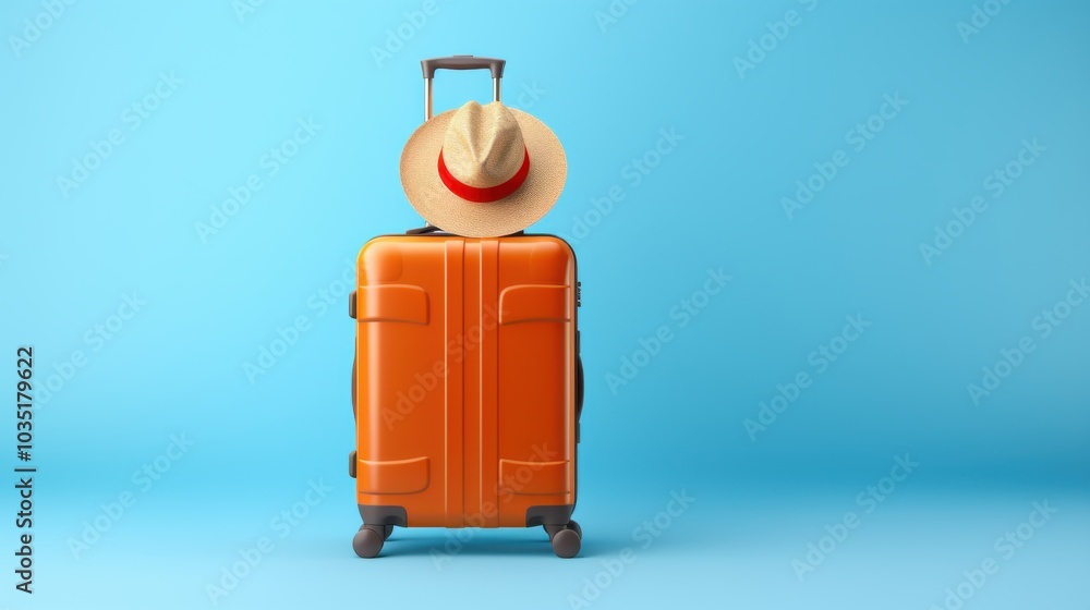A bright orange suitcase stands against a blue background, crowned with a summery hat, ready for a traveler’s next adventure. A bright orange suitcase stands against a blue background, crowned with a summery hat, ready for a traveler’s next adventure.