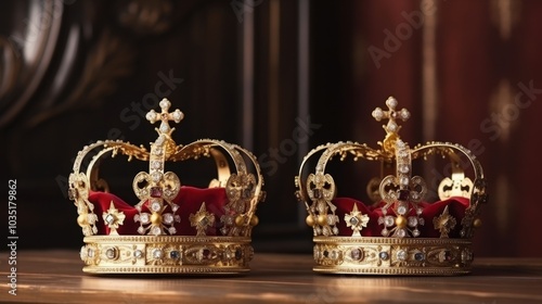 Two exquisite vintage crowns adorned with intricate jewels and crosses stand regally on a polished wooden surface, embodying opulence and tradition.