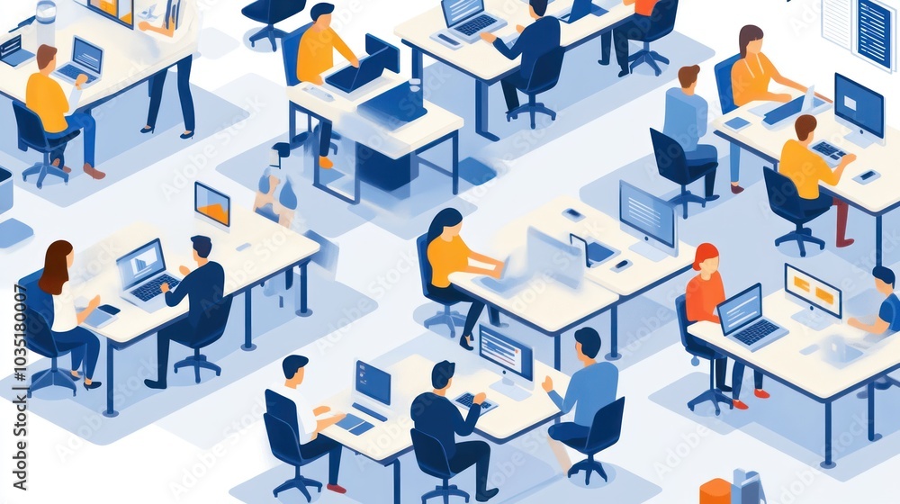 An isometric illustration of a modern office with employees working at their desks. An isometric illustration of a modern office with employees working at their desks.