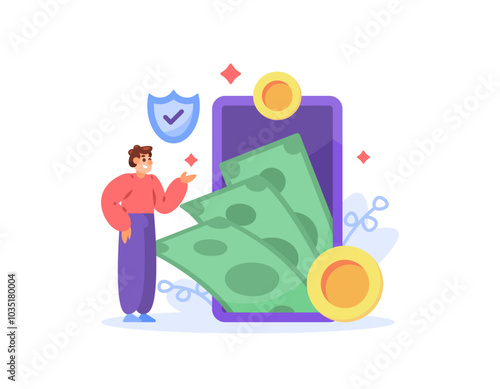 legal online loan concept. safe, official, and fast money lending application or site. borrow money. illustration of a customer with money coming out of a smartphone. flat style design. elements