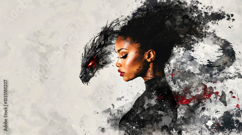 Woman connecting with her inner dragon in abstract portrait