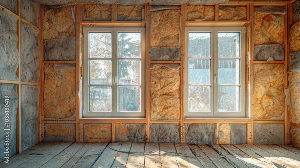 Inside a newly constructed room, two large windows illuminate the space with natural light, showcasing walls filled with insulation material. The floor remains unfinished Inside a newly constructed room, two large windows illuminate the space with natural light, showcasing walls filled with insulation material. The floor remains unfinished