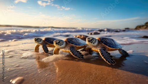 Baby sea turtles crawling on the beach toward the ocean under a clear blue sky.