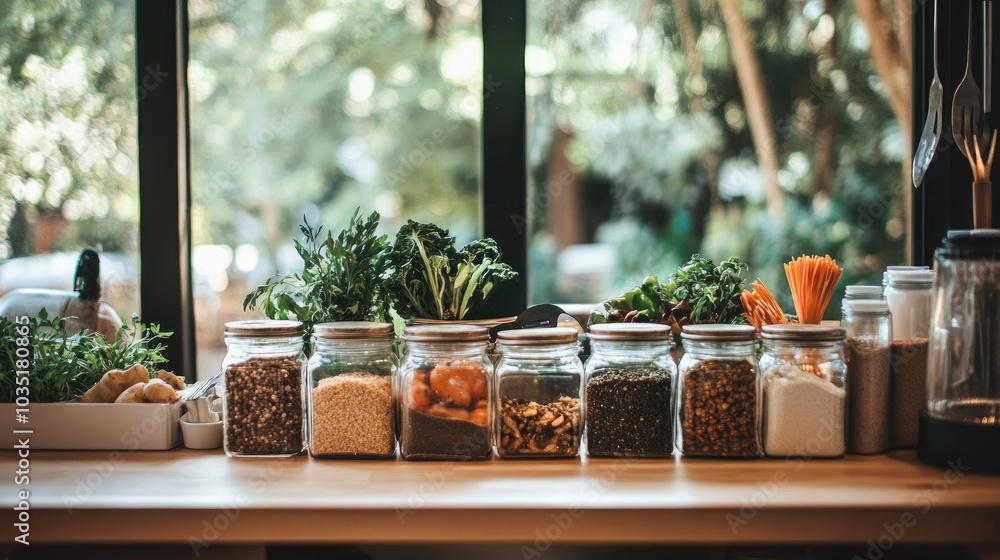 Fresh Ingredients in Glass Jars on Kitchen Counter Fresh Ingredients in Glass Jars on Kitchen Counter
