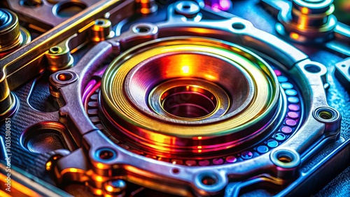 Abstract mechanical art captures a camshaft oil seal within a car engine, blurred details on a gray background, showcasing stunning automotive photography and intricate components.