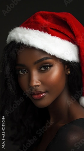 Beautiful african american female model wear santa hat, festive atmosphere