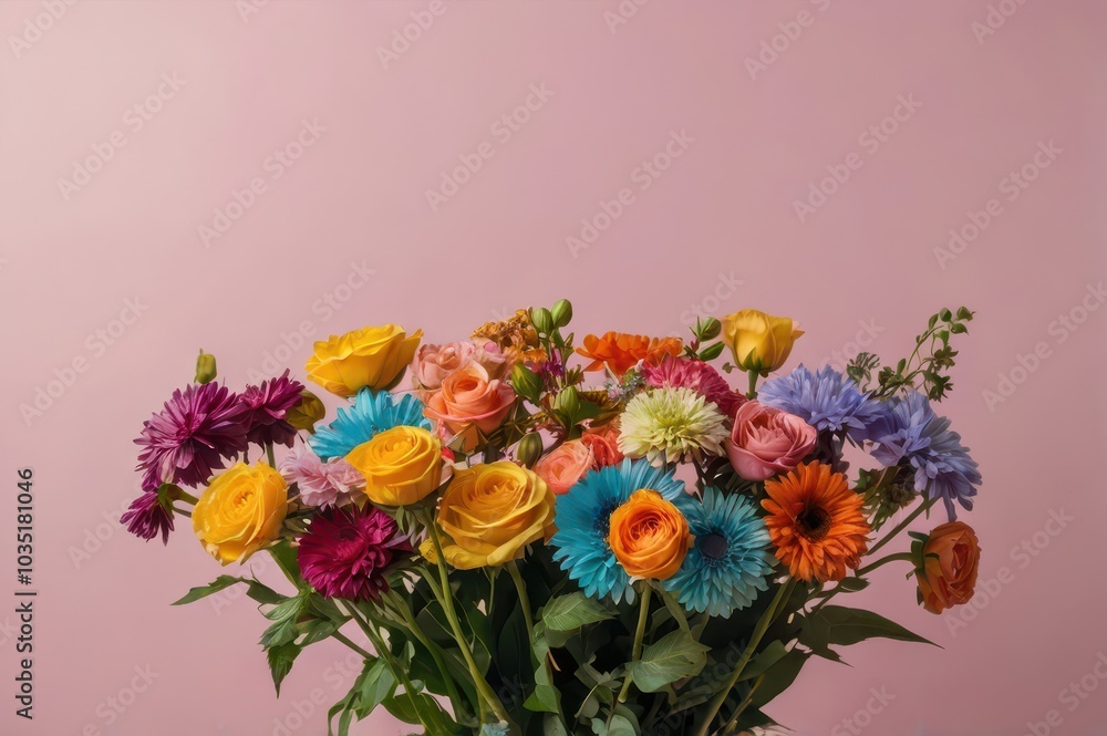 Obraz premium Bouquet of colorful flower bunch isolated on pastel pink background, copy space. Beautiful composition spring flowers. Valentine's Day, Happy Women's Day, Mother's Day, Easter, Birthday. Banner